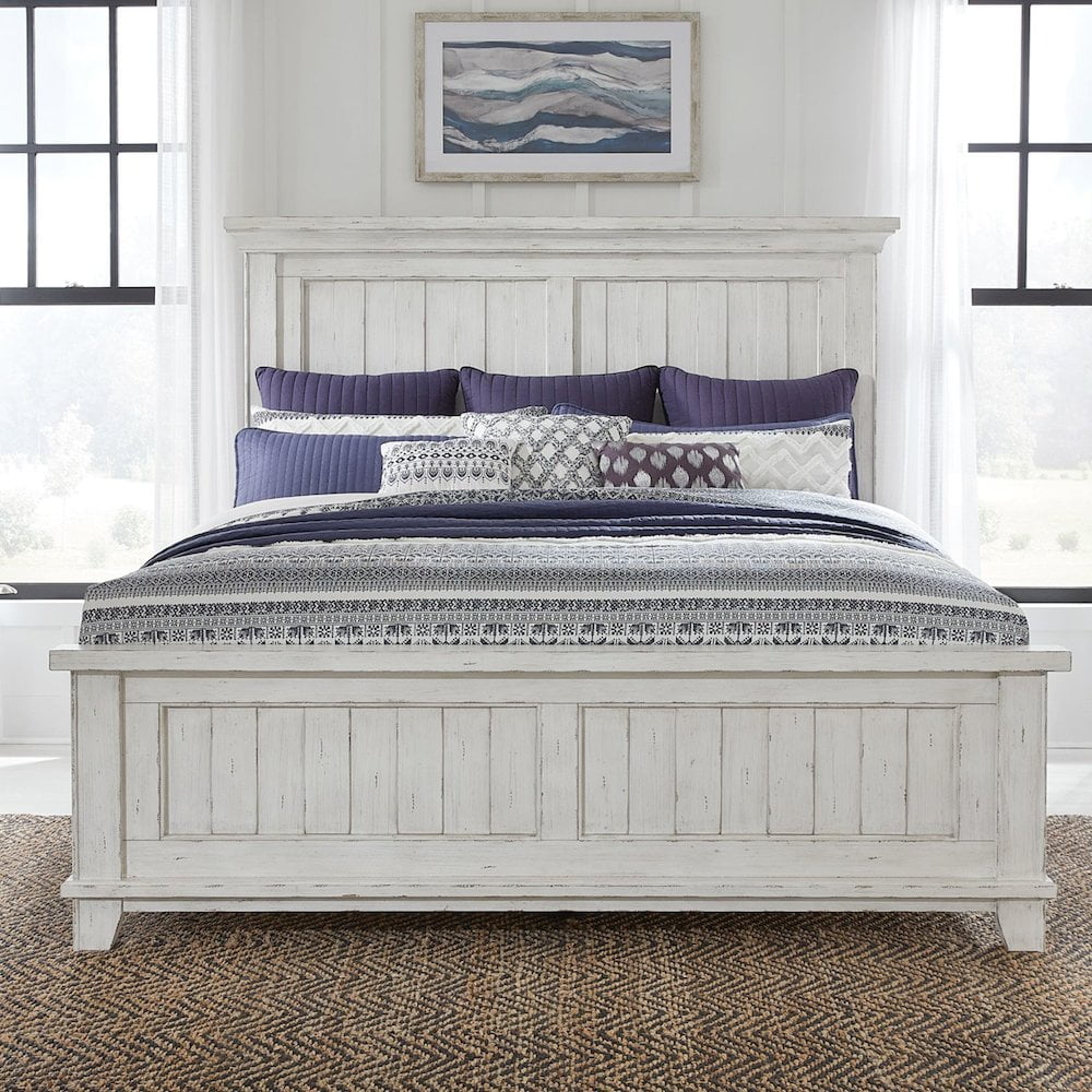 White Rustic Pine Queen Panel Bed with Headboard and Slats