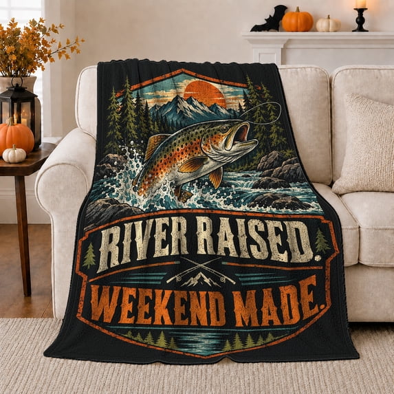 River Raised Freshwater Trout Fishing Adventure, Peaceful Mountain Lake Scene, Warm Flannel Blanket for Cabin and Lodge, Outdoor Lovers person's Day Gift, Artistic Home Decor