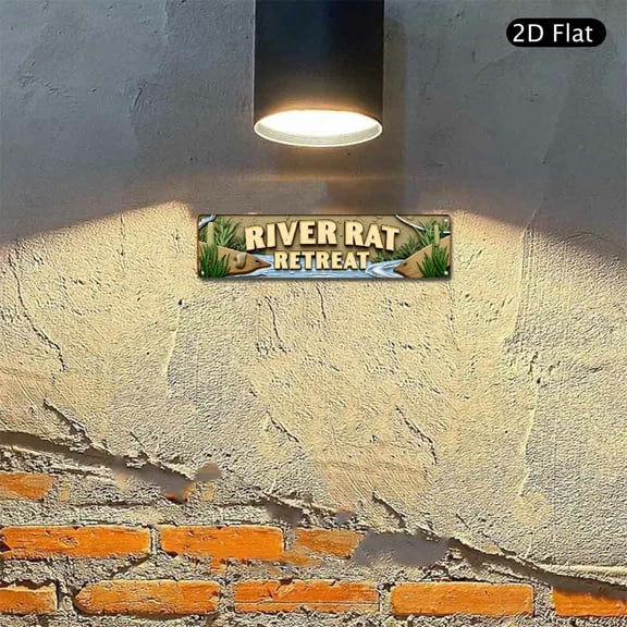 River Rat Retreat Metal Wall Art, 4x16 Inch Aluminum Sign, Rustic Riverside Decor with Nature Reeds and Stone Texture, Weather Resistant Hanging Sign for Outdoor Cabin Campground 1pc