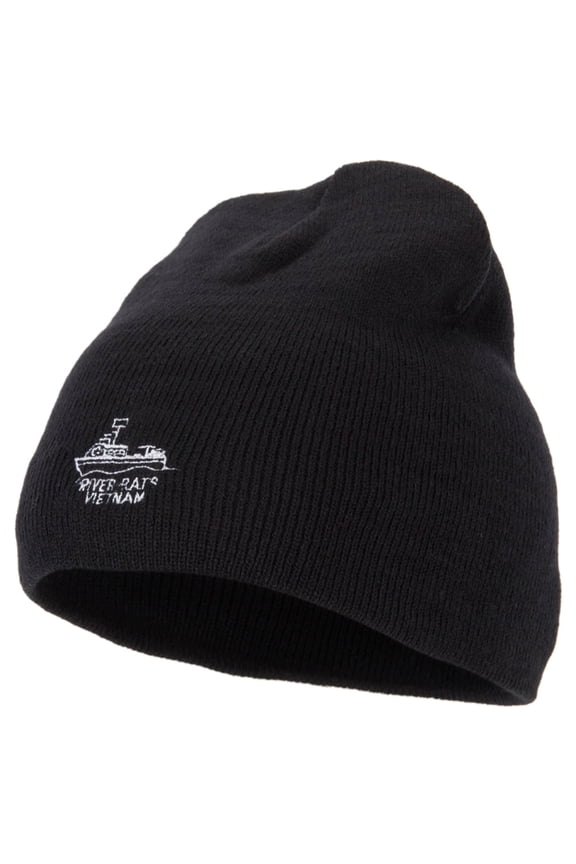 River Rats Vietnam with Riverboat Embroidered 8 Inch Knitted Short Beanie - Black OSFM