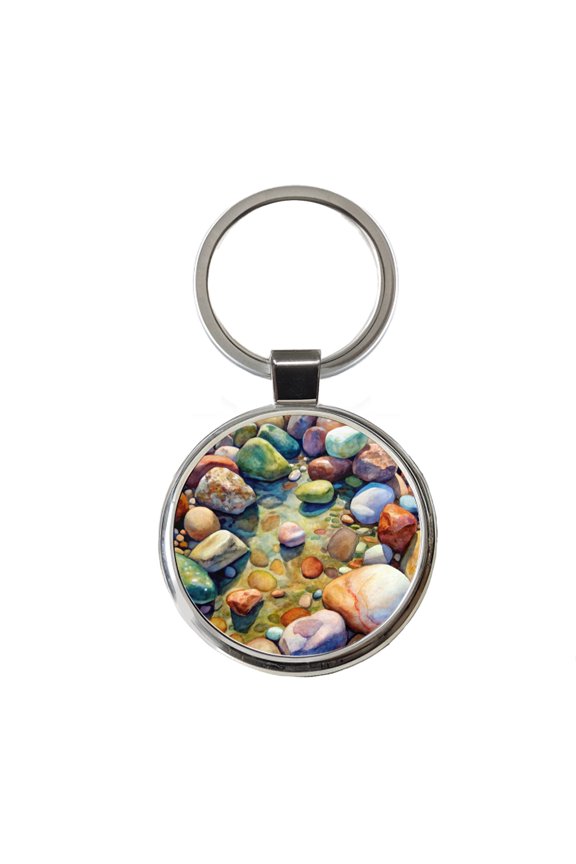 River Rocks Watercolor Metal Round Keychain