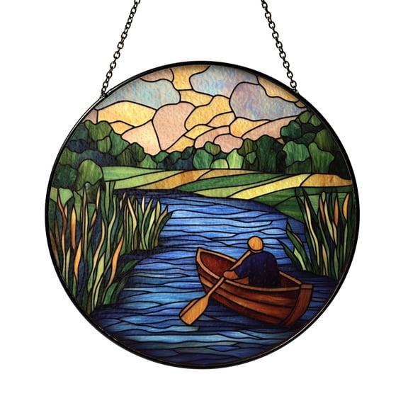 River Rowing Boat Stained Glass Window Hanging, Scenic Water Landscape Glass Panel, Nature Window Decor, Decorative Glass Art for Home, Gift for Outdoor Enthusiasts