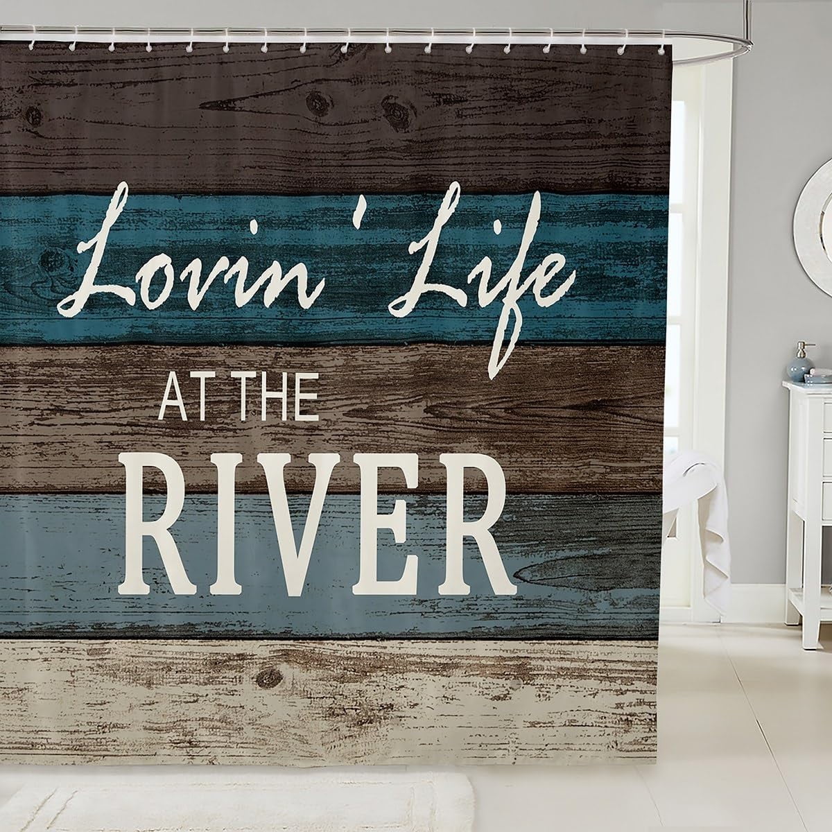 River Shower Curtain Rustic Farmhouse Bathroom Shower Curtain Set for Kids Adult Lake Life Bath Curtain Wood Panels Waterproof Curtains Room Decor 72 x 72 Inch