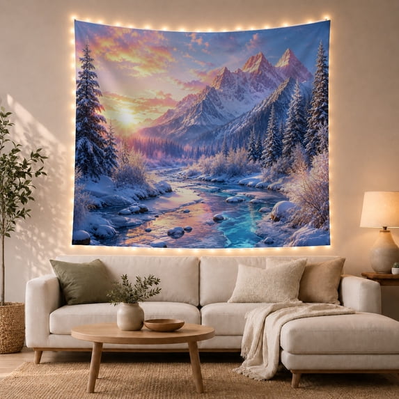 River Through Snowy Valley at Sunrise, Serene Digital Art for Nature Lovers, Landscape Wall Art, Christmas Gift, Tapestry Wall Hanging for Bedroom and Living Room