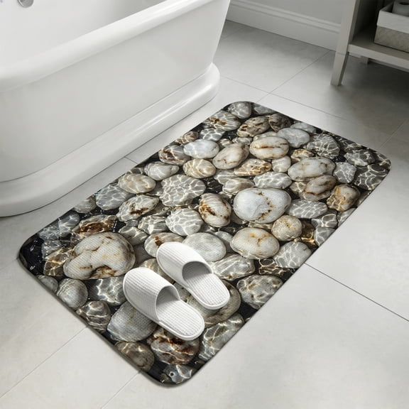 River Stone Bathroom Rugs Non Slip Washable Bath Mat Absorbent Front Door Mat Nature Farmhouse Beige Brown Stacked Rocks Indoor Doormat for Kitchen Entryway Shower Decor Accessories 15.7"x23.6"