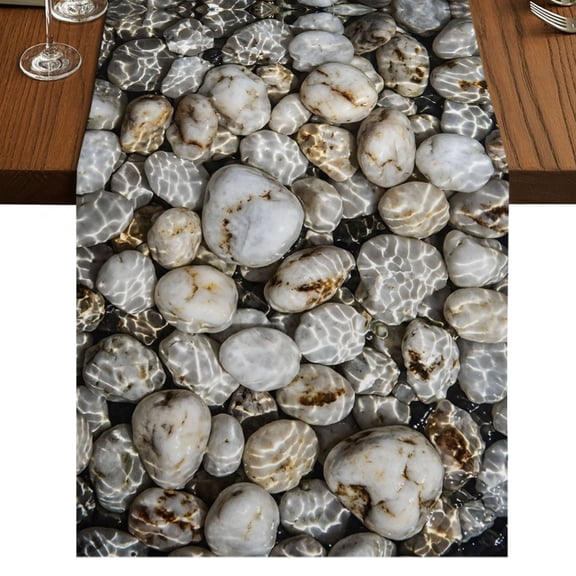 River Stone Burlap Cotton Table Runner 13x48 Inches Long, Nature Farmhouse Beige Brown Stacked Rocks Farmhouse Table Runners, Outdoor Dining Table Decor for Baby Shower/Party/Wedding