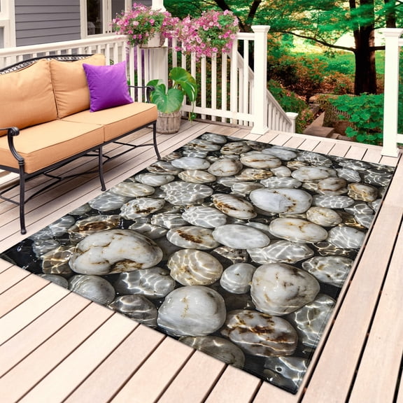 River Stone Outdoor Rug for Patio/Deck/Porch, Non-Slip Large Area Rug 3 x 5 Ft, Nature Farmhouse Beige Brown Stacked Rocks Indoor Outdoor Rugs Washable Area Rugs, Reversible Camping Rug Carpet Runner