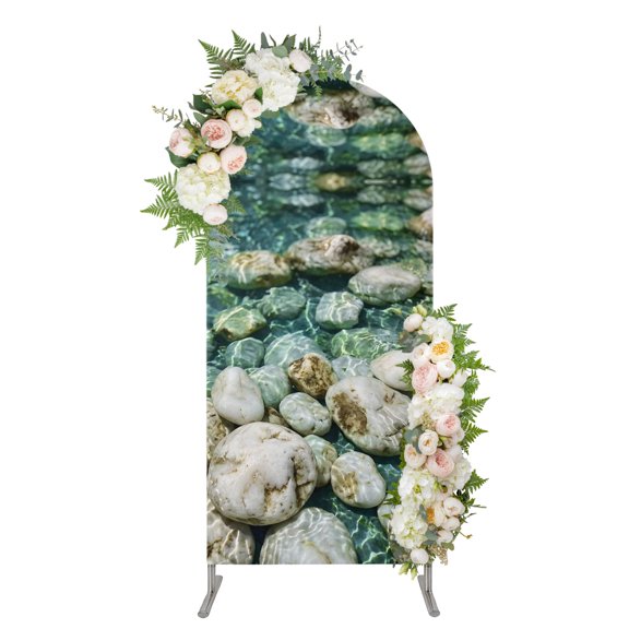 River Stones Arch Backdrop Cover 4FT, Nature Crystal Clear Water Farmhouse Spandex Fitted Stretchy Arch Stand Covers, Round Top Chiara Backdrop Cover for Wedding Party Birthday Baby Shower