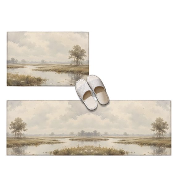 River Stream 2 Pieces Non-Slip Kitchen Mat Set, Rustic Cottagecore Misty Sage Green Riverbank Grass Soft Door Mat with Rubber Backing, Dirtproof Rugs for Entrance Doorway, 23.6x35.4in+23.6x70.9in