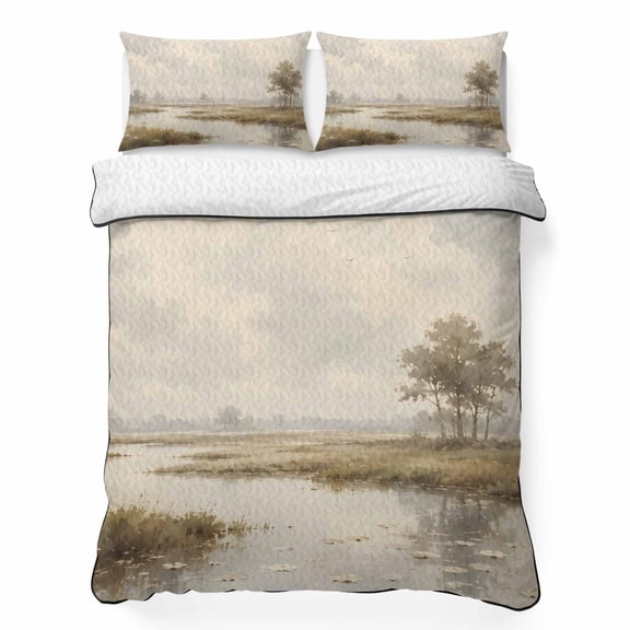 River Stream 3 Piece Quilt Bedding Set with 2 Pillow Shams, Rustic Cottagecore Misty Sage Green Riverbank Grass Lightweight Bedspread Coverlet, Soft Breathable All Season Quilt, 96 x 106 Inch