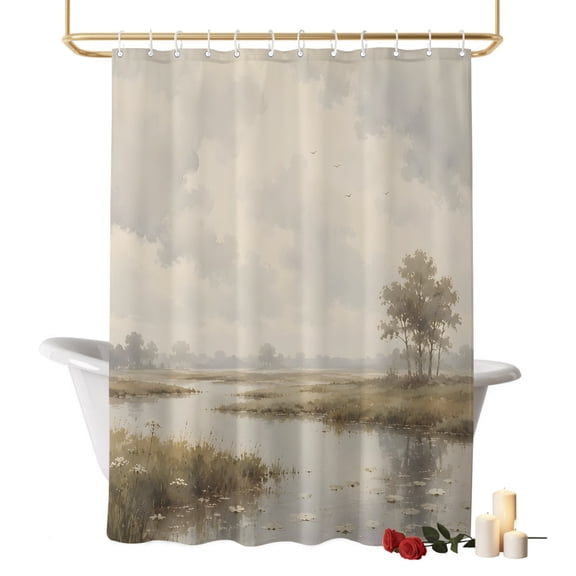 River Stream Bathroom Shower Curtains with Hooks, Rustic Cottagecore Misty Sage Green Riverbank Grass Waterproof Fabric Washable Shower Curtain for Home Hotel Bathtub Decor 36x72 Inch
