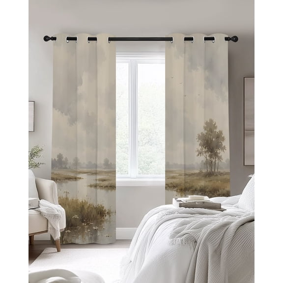 River Stream Blackout Curtains 2 Panels, Rustic Cottagecore Misty Sage Green Riverbank Grass Thermal Insulated Grommet Window Curtains for Bedroom Living Room 27.5"x39"