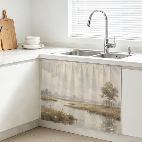 River Stream Cabinet Curtain, Rustic Cottagecore Misty Sage Green Riverbank Grass Sink Skirt for Bathroom, Under Sink shelf Curtain Privacy Drape for Kitchen Laundry Room 10x11in