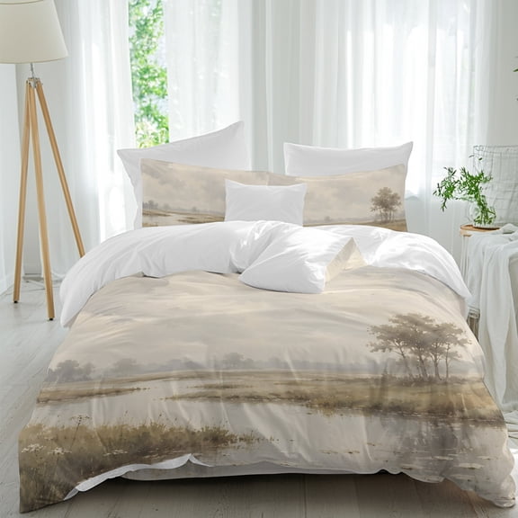 River Stream California King Duvet Cover Set, Rustic Cottagecore Misty Sage Green Riverbank Grass 4 Piece Soft Cozy Comforter Cover Bedding Set with Zipper, 1 Duvet Cover, 1 Flat Sheet, 2 Pillowcase