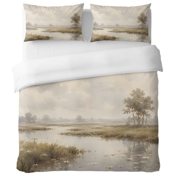 River Stream California King Duvet Cover Set, Rustic Cottagecore Misty Sage Green Riverbank Grass Decorative 3 Piece Bedding Set with Zipper Closure Soft Breathable Comforter Cover & 2 Pillowcases
