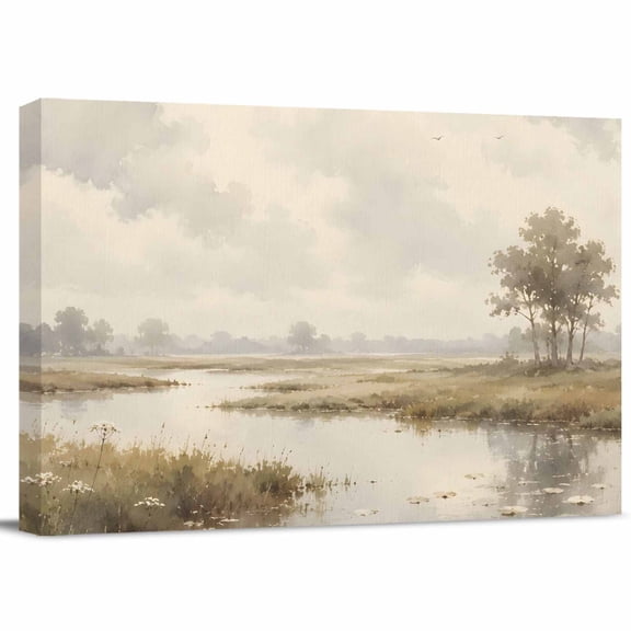 River Stream Canvas Print Wall Art, Rustic Cottagecore Misty Sage Green Riverbank Grass Wall Decor Modern Artwork Paintings Pictures for Living Room Stretched and Framed Ready to Hang - 12" x 16"