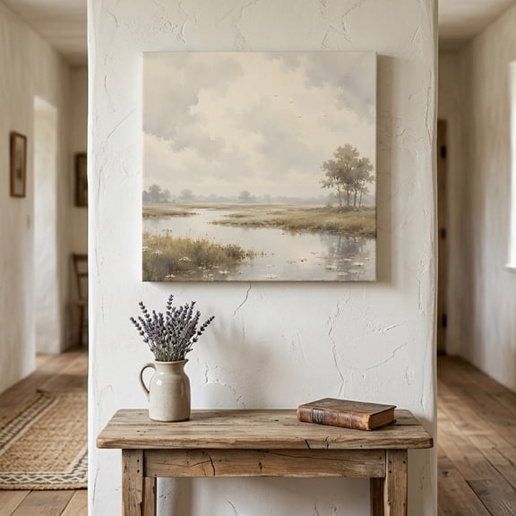 River Stream Canvas Wall Art for Living Room Bedroom Bathroom, Rustic Cottagecore Misty Sage Green Riverbank Grass Canvas Art Wall Decor, Artwork for Walls Home Office Decor, 8"x8"