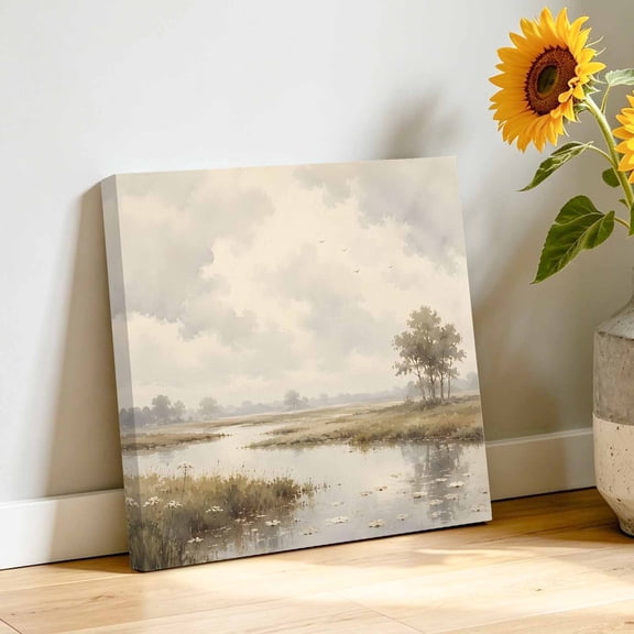 River Stream Canvas Wall Art, Rustic Cottagecore Misty Sage Green Riverbank Grass Pictures Wall Decor Wooden Framed Artwork Art Prints for Living Room Hallway Bedroom Office 10"x10"
