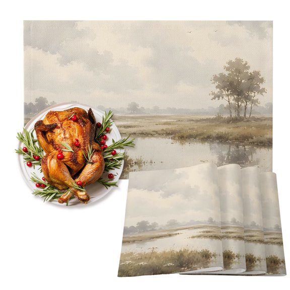 River Stream Cotton Linen Placemats Set of 1, Rustic Cottagecore Misty Sage Green Riverbank Grass Washable Table Place Mats Heat Insulating Placemat for Dining Room Kitchen Daily Use 13 x 19 Inch
