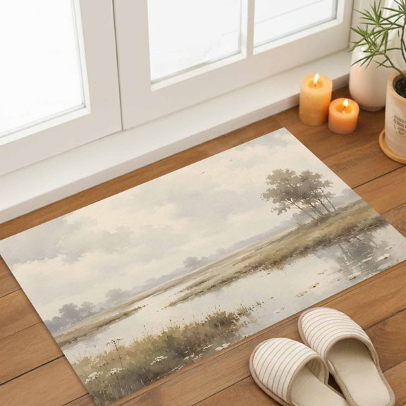 River Stream Door Mat Rustic Cottagecore Misty Sage Green Riverbank Grass Non Slip Absorbent Entrance Mat Washable Low Profile Indoor Doormat for Front Door Entryway Entry 16"x24"