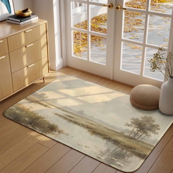 River Stream Front Door Mat Indoor Entrance, Rustic Cottagecore Misty Sage Green Riverbank Grass Absorbent Dirt Resist Welcome Mats Non-Slip Low-Profile Doormat Washable Entry Rug Indoor 17x30 Inch