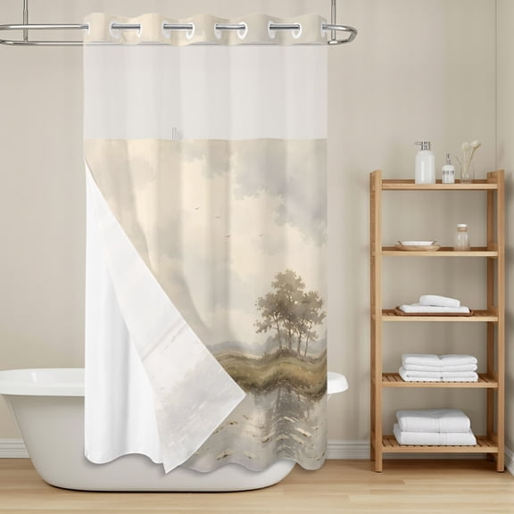 River Stream No Hook Shower Curtain with Snap in Liner, Rustic Cottagecore Misty Sage Green Riverbank Grass Waterproof Shower Curtains with See Through Top Window Liner for Bathroom, 36x72 Inches