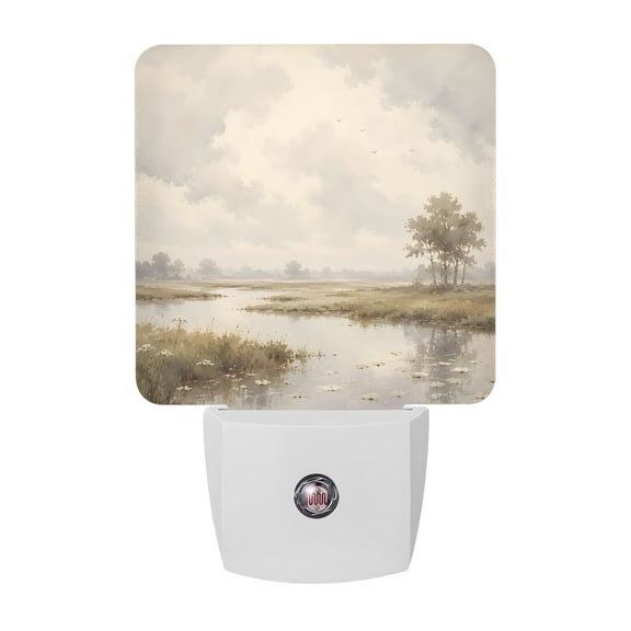 River Stream Night Lights, Rustic Cottagecore Misty Sage Green Riverbank Grass Smart Auto Dusk to Dawn Sensor Nightlights Plug-in Nightlight for Bedroom Bathroom Living Room Kitchen Hallway