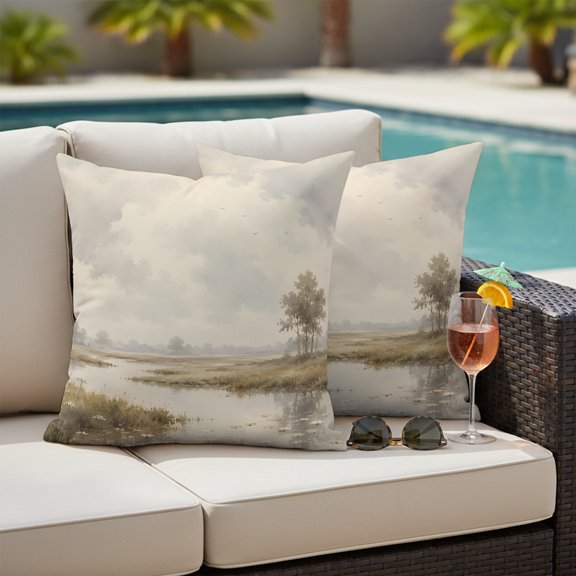River Stream Outdoor Waterproof Throw Pillow Covers Set of 2, 16"x16", Rustic Cottagecore Misty Sage Green Riverbank Grass Decorative Pillow Covers Outside Cushion Case for Patio Porch Garden
