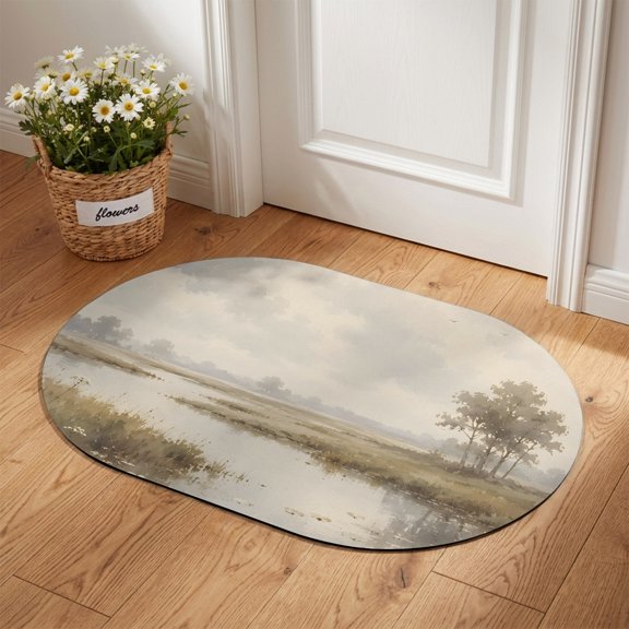 River Stream Oval Diatomaceous Earth Doormat, 16"x24" Rustic Cottagecore Misty Sage Green Riverbank Grass Absorbent Quick Dry Irregular Door Mat Floor Mat Entryway Rug for Bathroom Kitchen