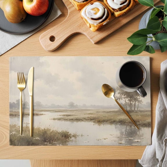 River Stream Placemats Set of 1, Rustic Cottagecore Misty Sage Green Riverbank Grass Non-Slip Place Mats Washable Table Mats for Kitchen Dining Table Decorations Indoor/Outdoor