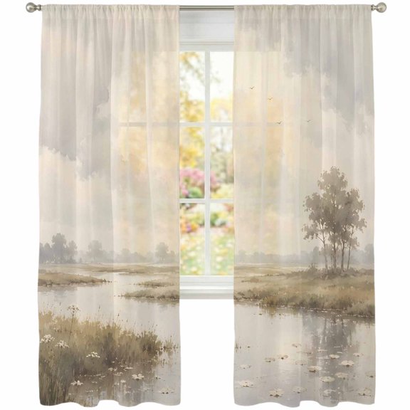 River Stream Sheer Curtains 108 Inch Long 2 Panels Rustic Cottagecore Misty Sage Green Riverbank Grass Light Filtering Rod Pocket Curtains, Sheer Voile Drapes for Living Room Bedroom 52"x108"