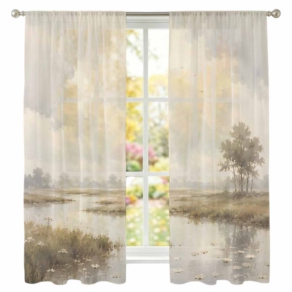 River Stream Sheer Curtains 63 Inch Long 2 Panels Rustic Cottagecore Misty Sage Green Riverbank Grass Light Filtering Rod Pocket Curtains, Sheer Voile Drapes for Living Room Bedroom 52"x63"
