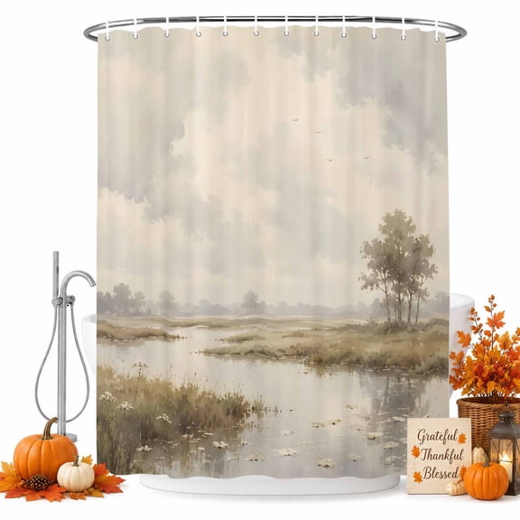 River Stream Shower Curtain for Bathroom, Rustic Cottagecore Misty Sage Green Riverbank Grass Waterproof Cloth Fabric Bathroom Accessories Set with 9 Rust Proof Plastic Hooks, 36"x72"
