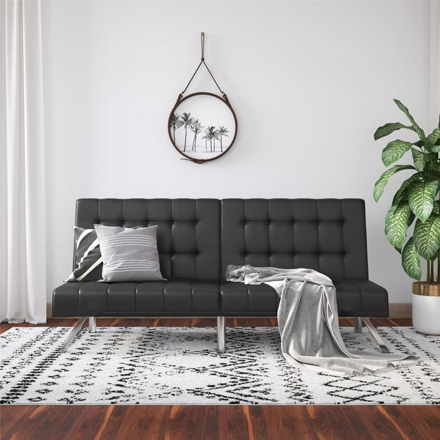 River Street Designs Emily Convertible Tufted Futon Sofa, Black Faux Leather