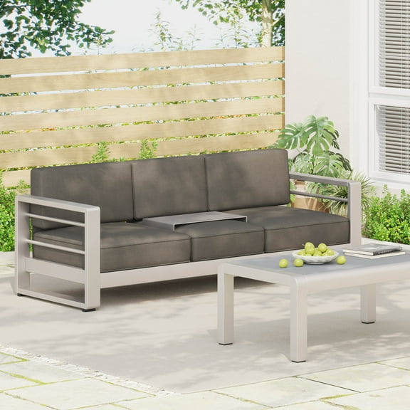 River Street Designs Evalyn Outdoor Loveseat Sofa with Tray, Gray