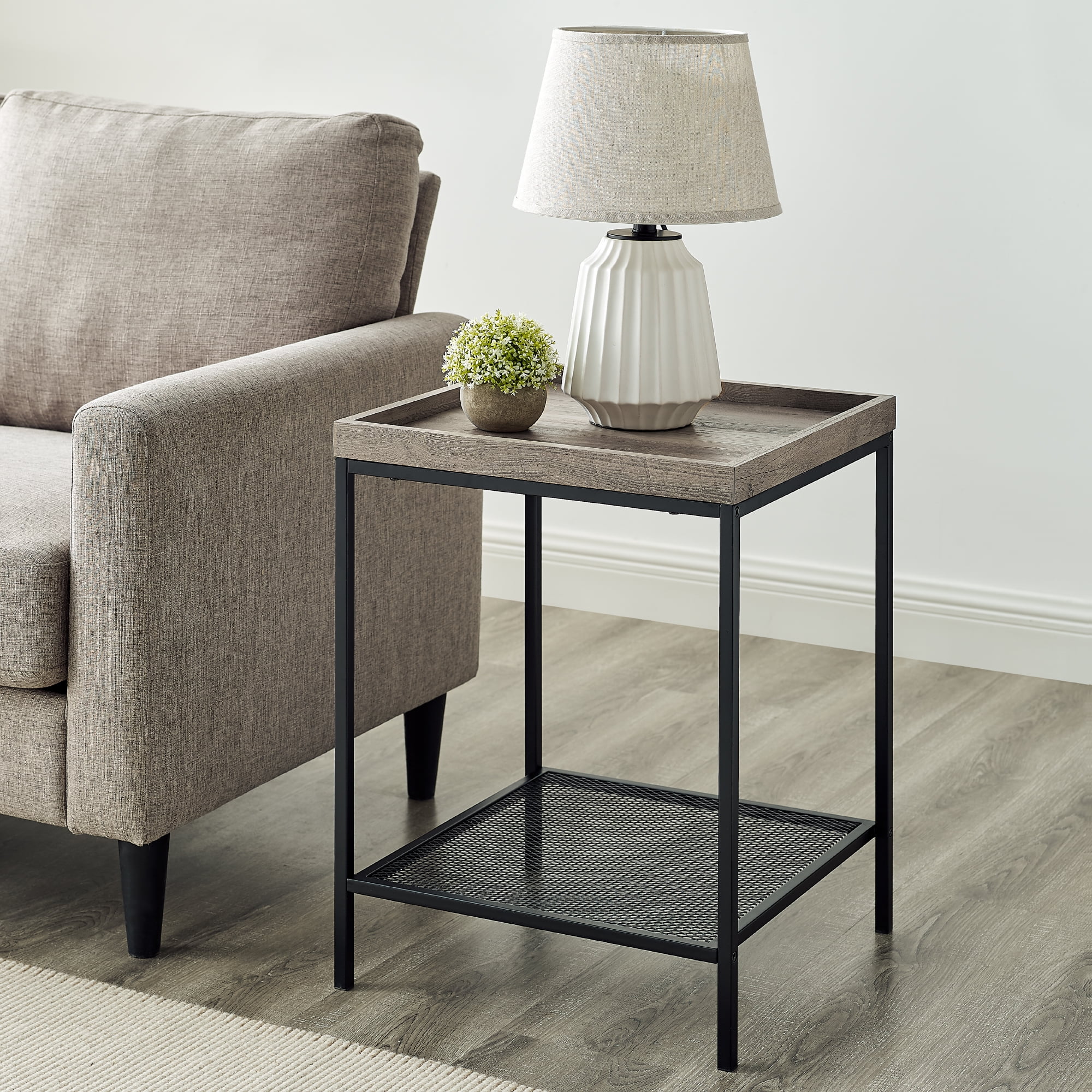 River Street Designs Frankie Metal and Wood Tray Top Grey Wash End Table