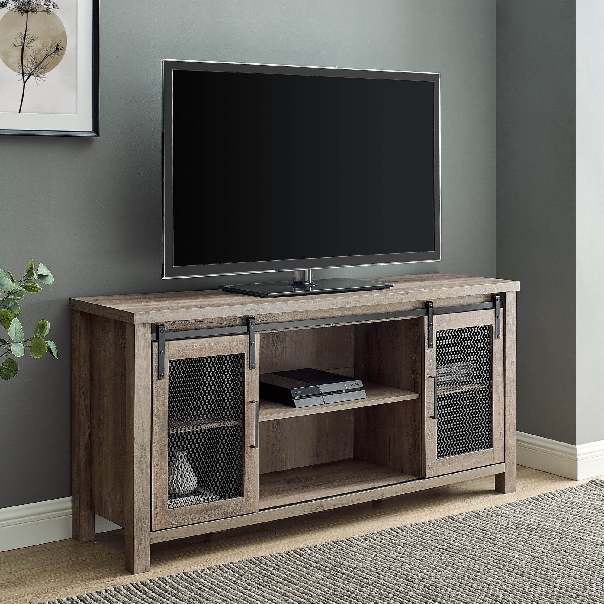 River Street Designs Granston Mesh Sliding Door TV Stand, Grey Wash