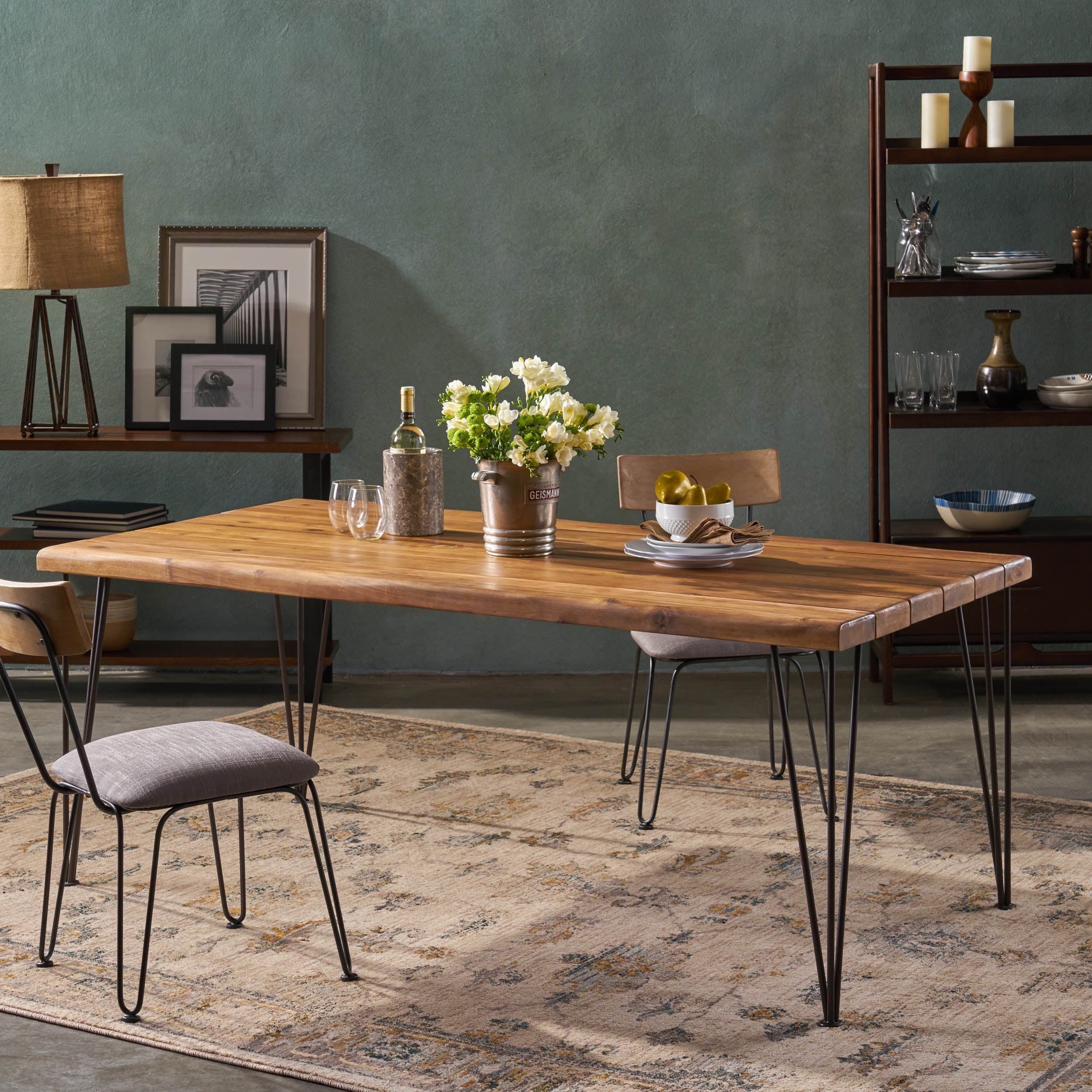 Noble House Reuben Indoor 72 inch Rectangular Acacia Wood Table Top and Hairpin Legs Dining Table Teak Finish Rustic Metal Yellow