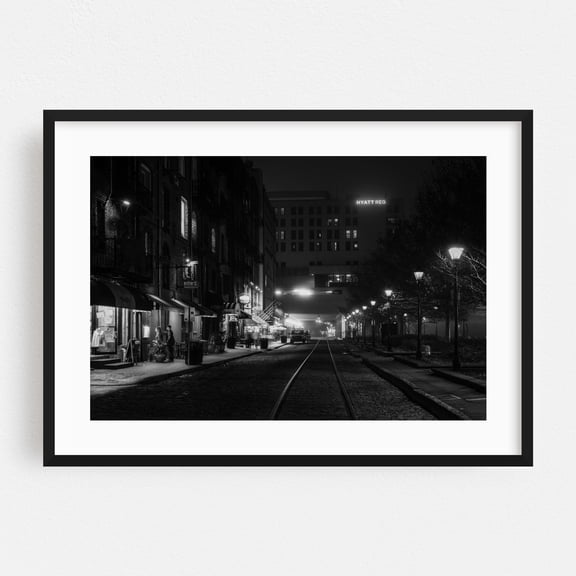 River Street Tracks B&W - Savannah Georgia Photography Black and White City Nightlife Street Photography Vintage Architecture Black Framed Wall Art Print 5 x 7 inches