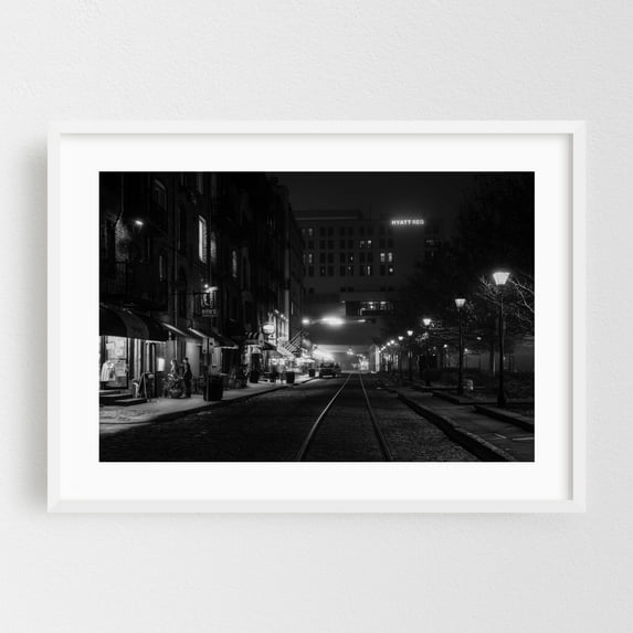 River Street Tracks B&W - Savannah Georgia Photography Black and White City Nightlife Street Photography Vintage Architecture White Framed Wall Art Print 5 x 7 inches