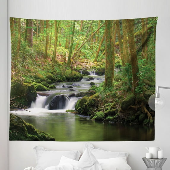 River Tapestry, Stream Flowing in Forest Mossy Rocks Tree Foliage Splash Summertime Hiking, Fabric Wall Hanging Decor for Bedroom Living Room Dorm, 5 Sizes, Apple Green Umber, by Ambesonne