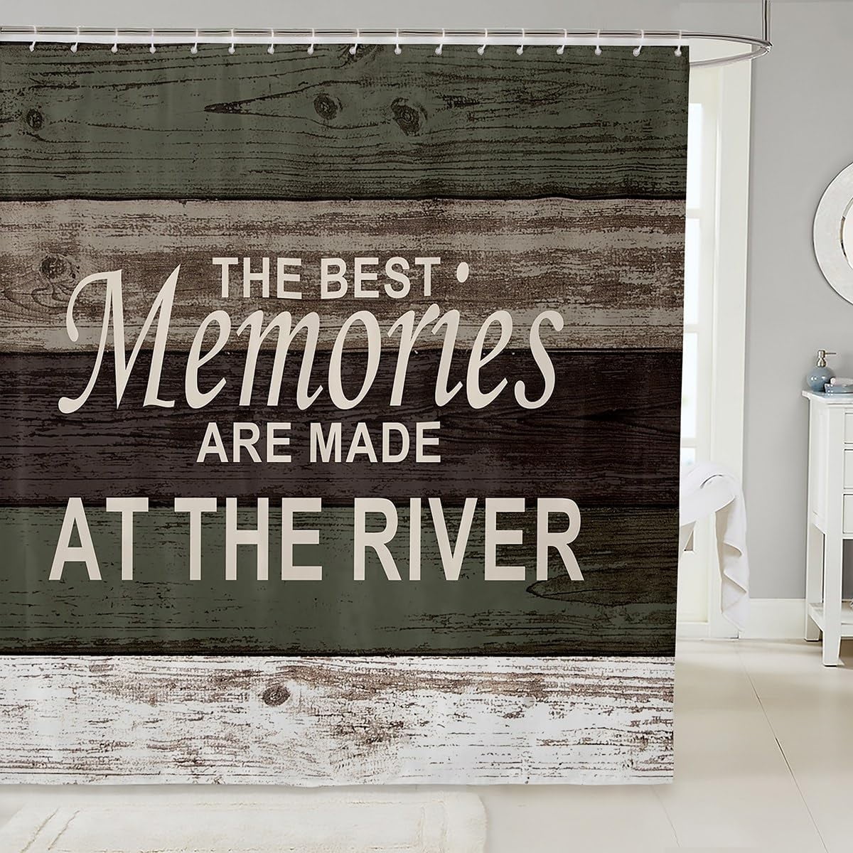 River Theme Shower Curtain Vintage Wood Bathroom Shower Curtain Set for Kids Adult Rustic Farmhouse Bath Curtain Blue and Brown Waterproof Curtains Room Decor 72 x 72 Inch