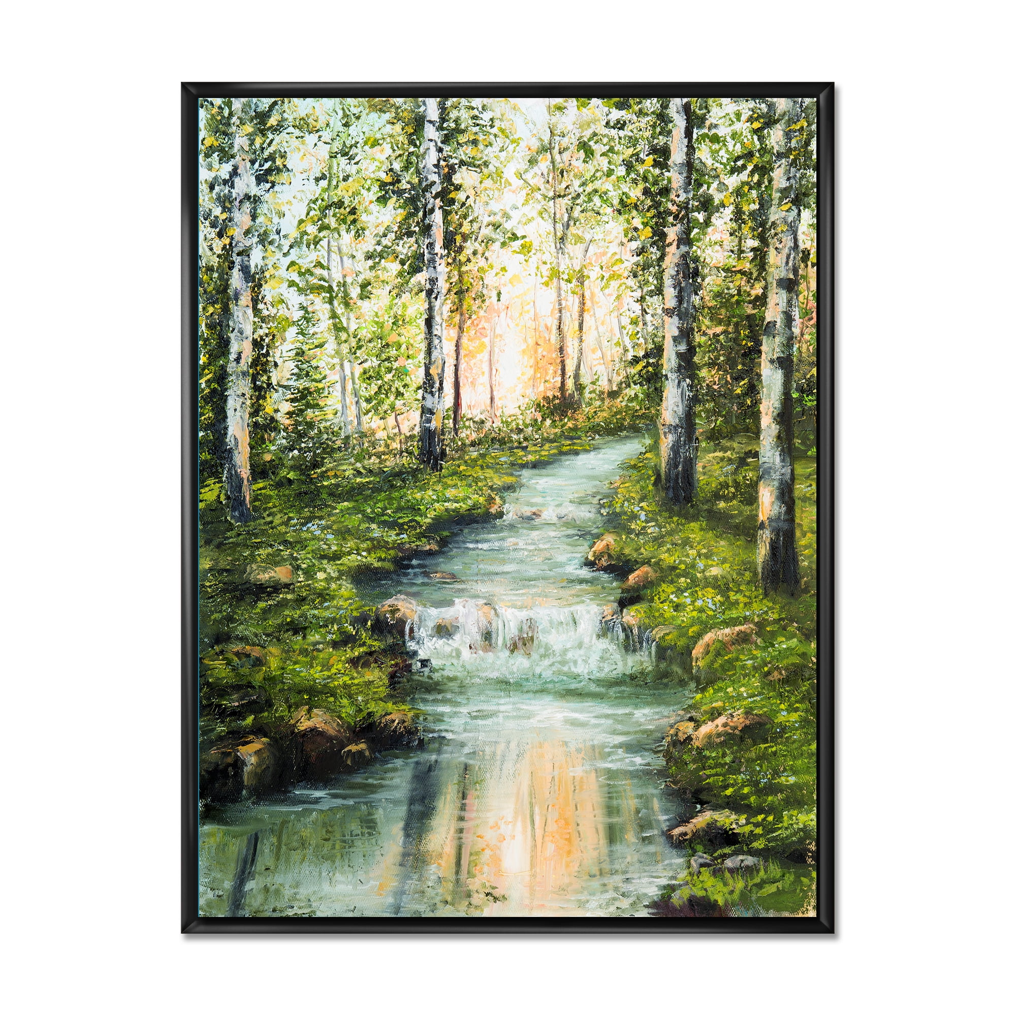 River Through Green Birch Forest 16 in x 32 in Framed Painting Canvas Art Print, by Designart
