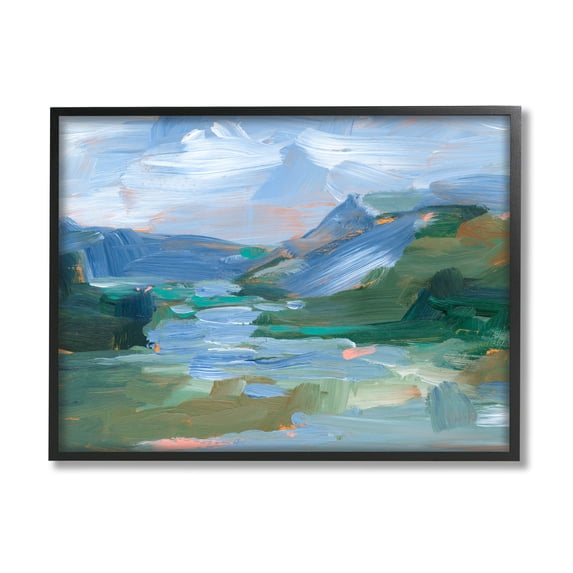 River Through Mountains Abstract Scene Landscape Painting Black Framed Art Print Wall Art