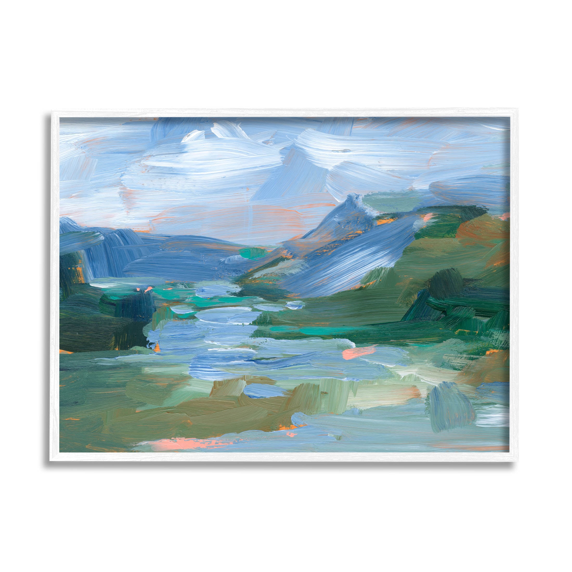 River Through Mountains Abstract Scene Landscape Painting White Framed Art Print Wall Art