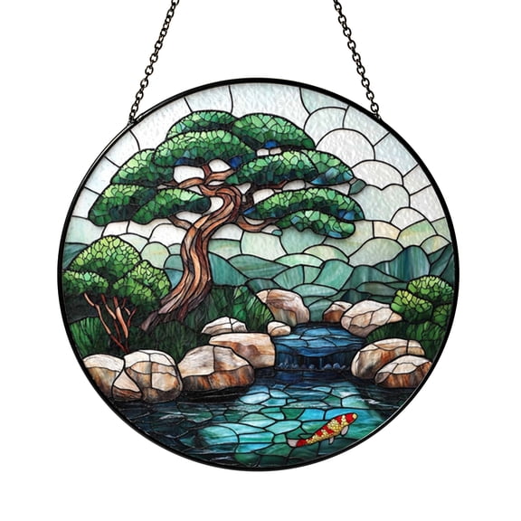 River and Tree Landscape Stained Glass Suncatcher Window Hanging, Flowing Stream and Koi Fish Round Glass Art Panel, Nature Inspired Window Hanging Ornament for Home Display