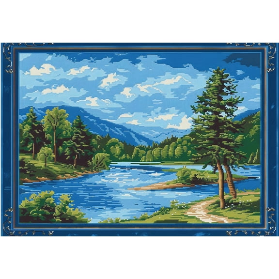 River and Trees Natural Landscape DIY 11CT Stamped Cross Stitch Kits for Beginners Easy Needlepoint Embroidery Counted Cross Stitch Art Craft for Wall Decoration 12x16inch(4)