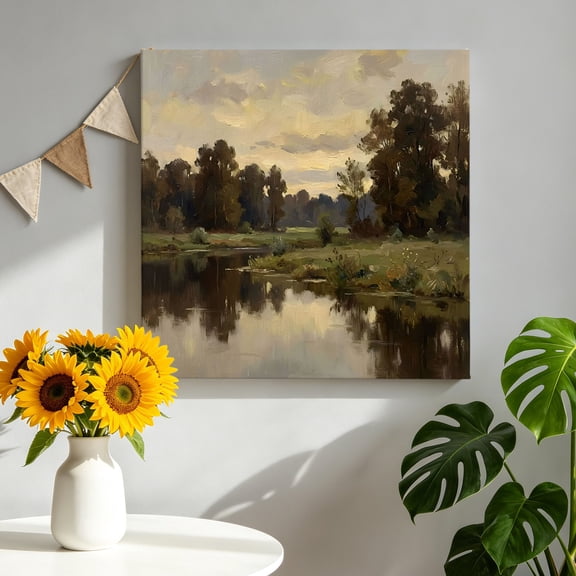 River Valley Forest Canvas Wall Art, Landscape Sunset Sky Framed Canvas Wall Decor Picture Print Artwork Decorations for Living Room Office Ready to Hang 8" x 8"