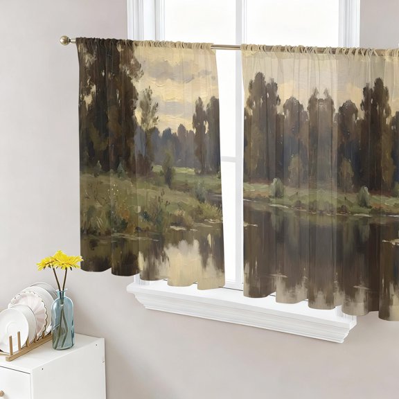 River Valley Forest Sheer Curtains for Living Room Bedroom, Landscape Sunset Sky Light Filtering Sheer Curtain Rod Pocket Voile Window Treaments Drapes, 52 x 45 Inches