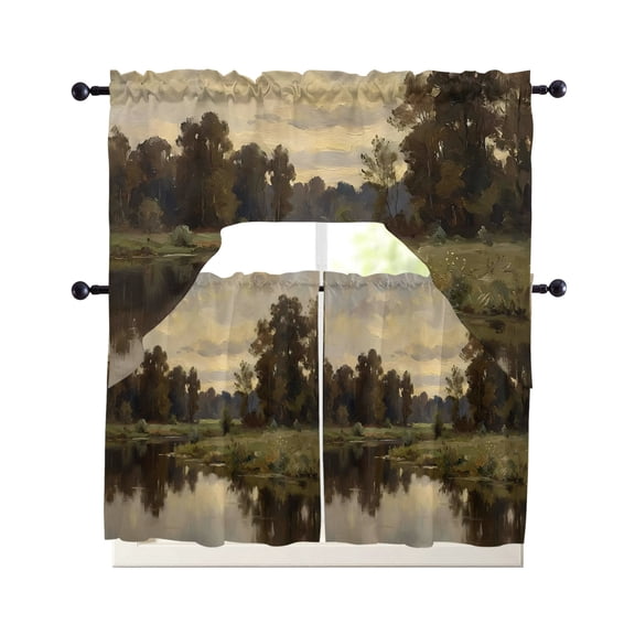 River Valley Kitchen Curtains Set for Windows 3 Piece Cafe Curtains 36 Inch Length Swag Curtains Valances and Tier Set Forest Sunset Sky Olive Green Drapes for Bedroom Bathroom Living Room